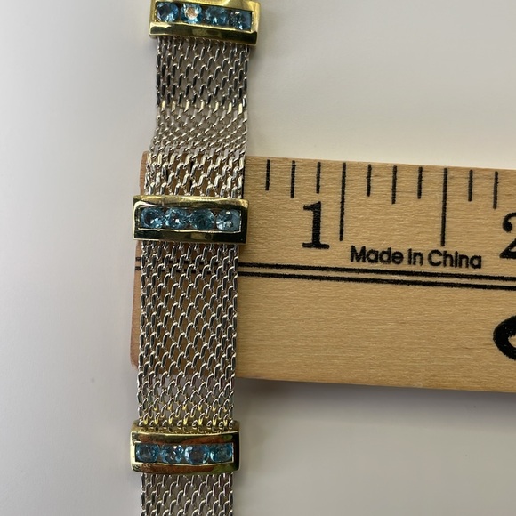 Bracelet Sterling Silver & Gold Mesh Blue Topaz Accents 925 Italy Bracelet - Picture 11 of 13